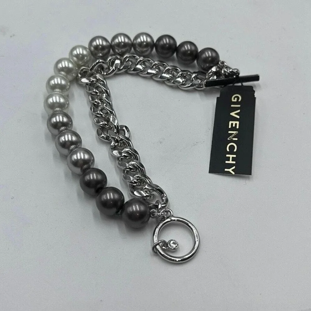 Givenchy Signed Silver Tone MultiStrand Ombre Gray White Pearl Bracelet New